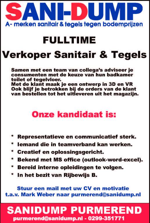 koper Hijgend Geleidbaarheid SANI-DUMP is op zoek naar een FULLTIME Verkoper Sanitair & Tegels |  Nieuw-volendam.nl